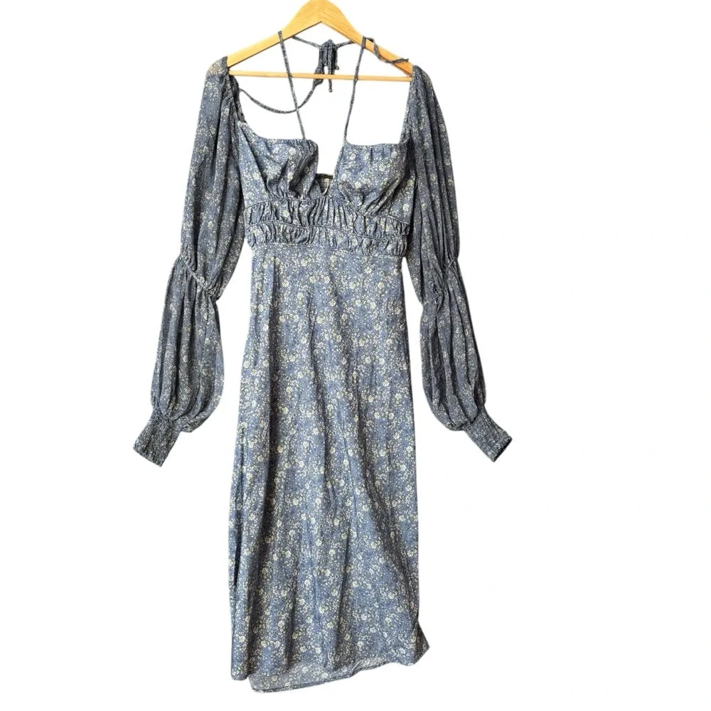 Free People Blue Floral Long Sleeve Midi Dress